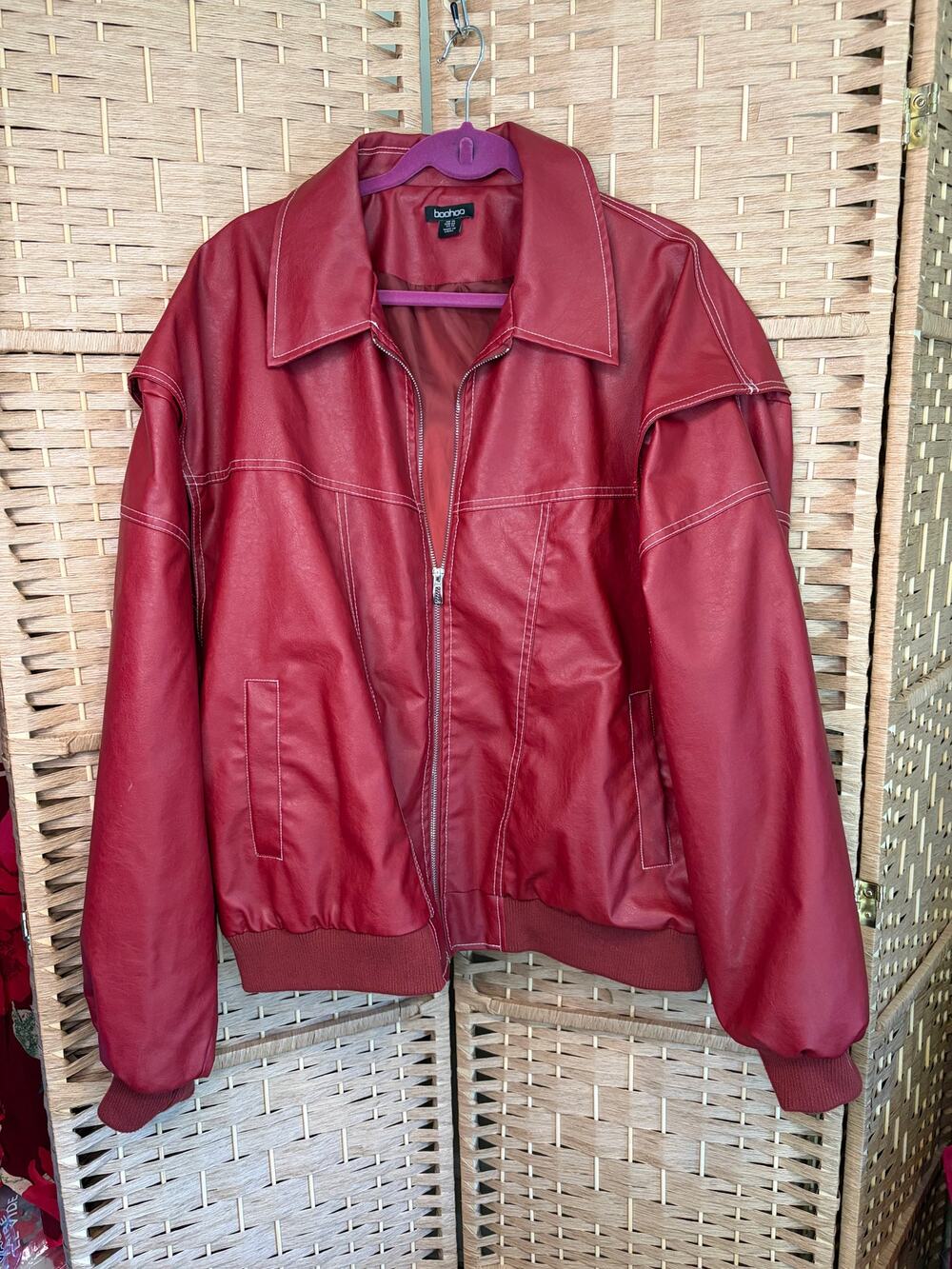 boohoo Womens Burgundy Faux Leather Bomber Jacket Size 14 Zip Front